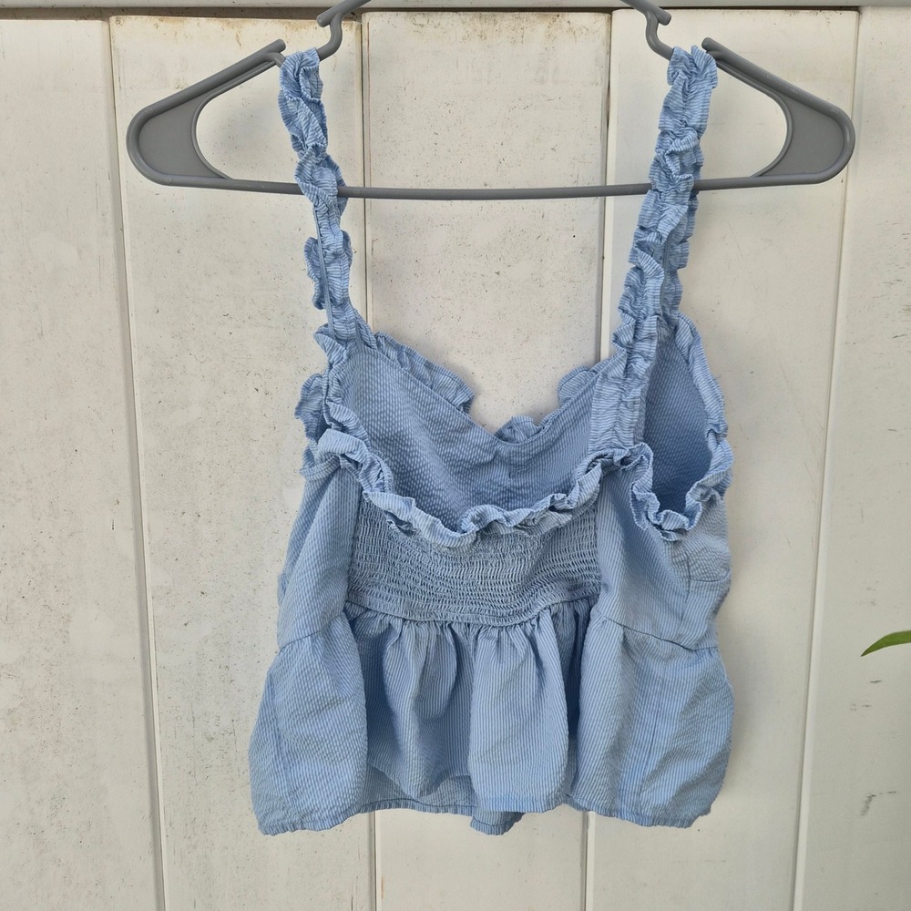 E&M Blue Seersucker Ruffle Peplum Camisole Cottagecore, Coquette Large - Picture 2 of 6
